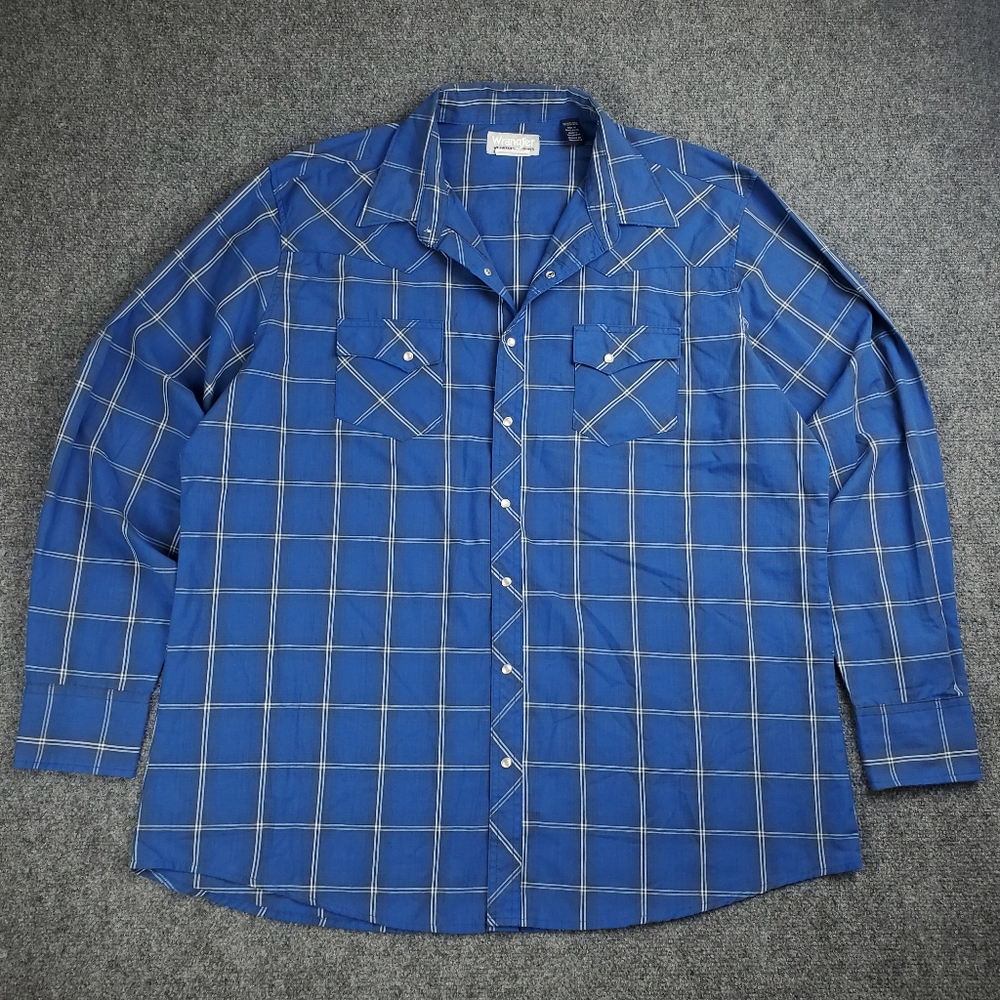 Wrangler Wrancher Western Shirt Mens 2XT Tall Pearl Snap Grid Plaid Rodeo Blue